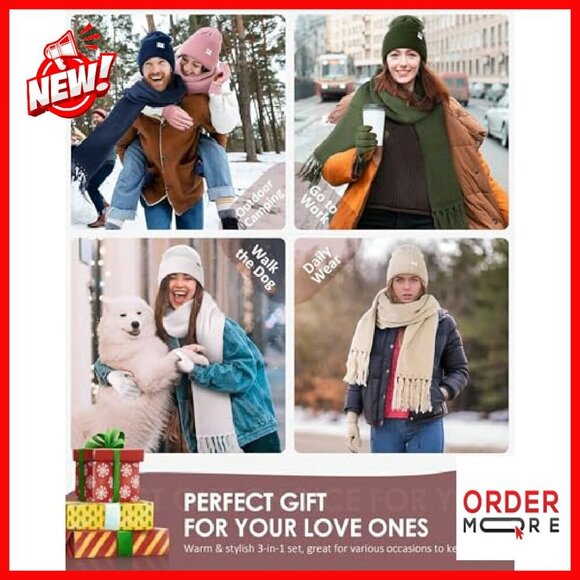 Satin Lined Beanie Scarf Gloves Set Winter Accessories Touchscreen